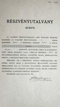 Erdélyi Bank Részvénytársaság részvényutalvány Kolozsvár 1943