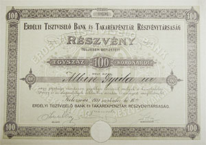 Erdélyi Tisztviselő Bank és Takarékpénztár Részvénytársaság részvény 100 korona 1911 Kolozsvár