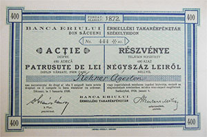 rmellki Takarkpnztr Rszvnytrsasg rszvny 400 lei 1928 Szkelyhd