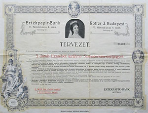 Értékpapír Bank Erzsébet Sanatórium Sorsjegy tervezet 1909
