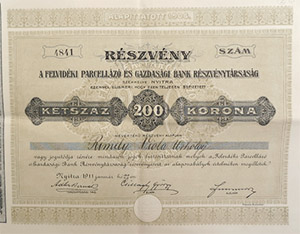 Felvidki Parcellz s Gazdasgi Bank Rszvnytrsasg  Nyitra rszvny 200 korona 1911