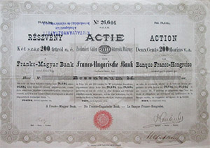 Franko-Magyar Bank részvény 200 forint 1873 Pest