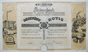 Gabonabank Molnárok és Gazdák Részvénytársasága részvény 100 korona 1911
