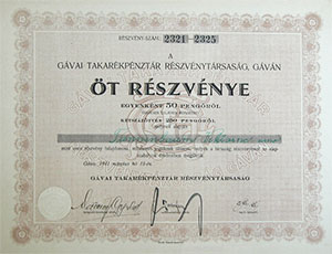 Gvai Takarkpnztr Rszvnytrsasg rszvny 5x50 250 peng 1941 Gva