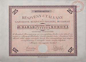 Gazdabank Rszvnytrsasg Budapest rszvny utalvny 25000 korona 1923