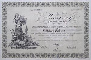 Gazdák, Kereskedők és Iparosok Bankja Részvénytársaság részvény 100 korona 1918 Jászberény