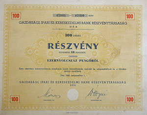 Gazdasági, Ipari és Kereskedelmi Bank Részvénytársaság részvény 100x18 1800 pengő 1942 Dés