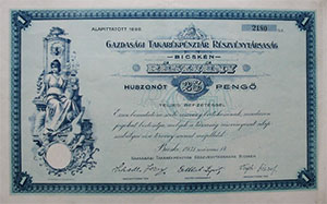 Gazdasági Takarékpénztár Részvénytársaság Bicskén részvény 25 pengő 1931 Bicske