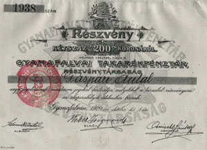 Gyanafalvai Takarékpénztár Részvénytársaság részvény 200 korona 1920