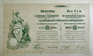 Gyertymosi Takarkpnztr Rszvnytrsasg rszvny 100 korona 1896 Gyertymos