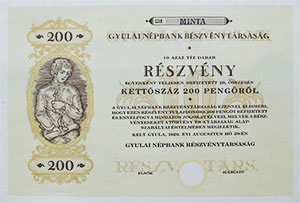 Gyulai Népbank Részvénytársaság részvény 10x20 200 pengő 1929 Gyula MINTA