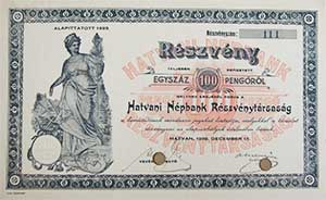 Hatvani Népbank Részvénytársaság részvény 100 pengő 1939 Hatvan