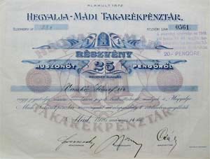 Hegyalja-Mdi Takarkpnztr rszvny 25 peng 1926 Md