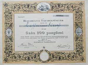 Hevesmegyei Takarékpénztár részvény 100 pengő 1942 Eger