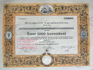 Hevesmegyei Takarkpnztr rszvny 1000 korona 1923 Eger