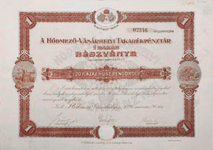 Hódmezővásárhelyi Takarékpénztár Részvénytársaság részvény 20 pengő 1926