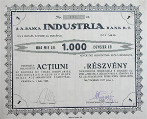 Industria Bank Részvénytársaság részvény 1000 lei 1927 Nagyvárad