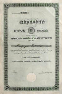 Izsáki Polgári Takarékpénztár Részvénytársaság részvény 200 korona 1908