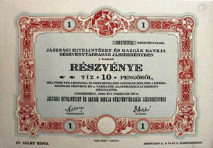 Jászsági Hitelintézet és Gazdák Bankja Részvénytársaság részvény 10 pengő 1926