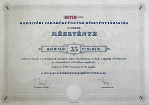Kaposvári Takarékpénztár Részvénytársaság részvény 35 pengő 1938 Kaposvár