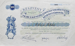 Karczagi Mezőgazdasági Takarékpénztár Részvénytársaság részvény 100 korona 1923