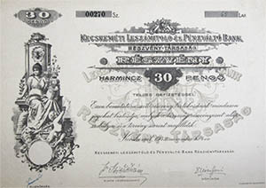Kecskeméti Leszámítoló- és Pénzváltó Bank Részvénytársaság részvény 30 pengő 1942 Kecskemét