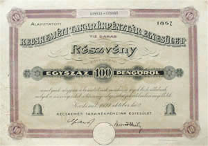 Kecskeméti Takarékpénztár Egyesület részvény 1000 pengő 1927