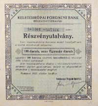 Keleteurópai Forgalmi Bank Részvénytársaság részvényutalvány 100x400 korona 1923
