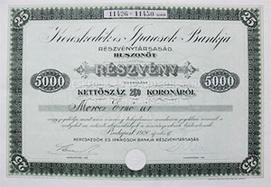 Kereskedők és Iparosok Bankja Részvénytársaság részvény 25x200 5000 korona 1920