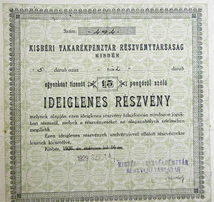 Kisbéri Takarékpénztár Részvénytársaság ideiglenes részvény 15 pengő 1926