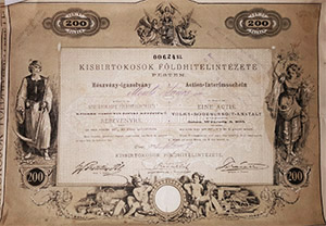 Kisbirtokosok Földhitelintézete Pesten részvény-igazolvány 200 forint 1873