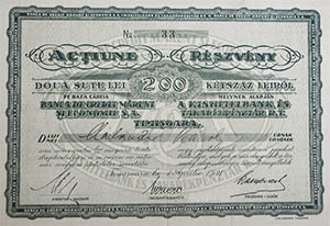 Kishitelbank és Takarékpénztár Részvénytársaság részvény 200 lei 1931 Temesvár