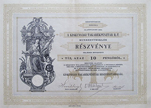 Kiskunsági Takarékpénztár Részvénytársaság részvény 10 pengő 1926 Kunszentmiklós
