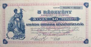 Kisvárdai Hitelbank Részvénytársaság részvény 5x10 50 pengő 1926
