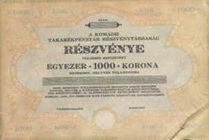 Komdi Takarkpnztr Rszvnytrsasg rszvny 1000 korona MINTA