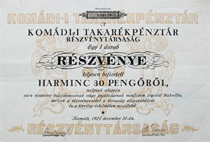 Komdi Takarkpnztr Rszvnytrsasg rszvny 30 peng 1927 Komdi