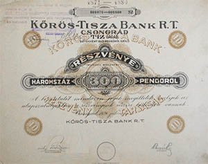 Krs-Tisza Bank Rszvnytrsasg rszvny 10x30 300 peng 1929  Csongrd