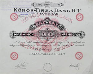 Krs-Tisza Bank Rszvnytrsasg rszvny 30 peng 1929 Csongrd