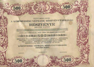 Kőrösvidéki Népbank Részvénytársaság részvény 500 korona 1922 Békéscsaba MINTA KNER