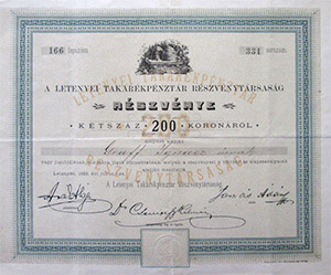 Letenyei Takarékpénztár Részvénytársaság részvény 200 korona 1893 Letenye