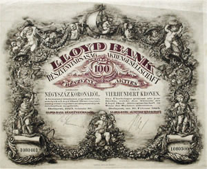 Lloyd Bank Részvénytársaság részvény 100x400 korona 1923
