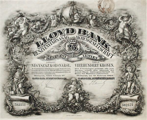 Lloyd Bank Részvénytársaság részvény 25x400 korona 1923