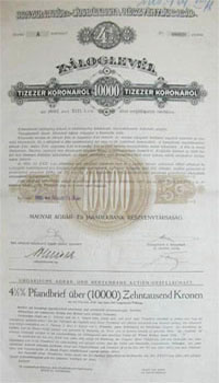 Magyar Agrár- és Járadékbank Részvénytársaság záloglevél 10000 korona