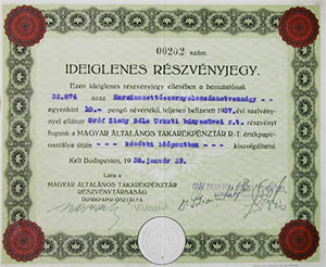 Magyar Általános Takarékpénztár Részvénytársaság ideiglenes részvényjegy 10 pengő 1938