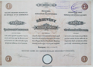 Magyar Bank és Kereskedelmi Részvénytársaság részvény 400 korona 1911