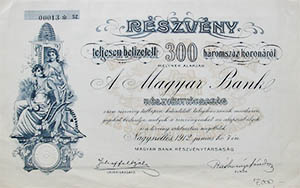 Magyar Bank Részvénytársaság Nagyszöllős részvény 300 korona 1912