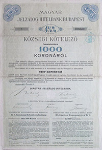 Magyar Jelzálog-Hitelbank községi kötelező 1000 korona 1910