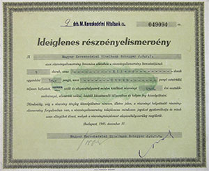 Magyar Kereskedelmi Hitelbank - Schopper J. G. Részvénytársaság ideiglenes részvényelismervény 50 pengő 1945