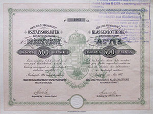 Magyar Királyi Szabadalmazott Osztálysorsjáték Részvénytársaság részvény 500 korona 1897