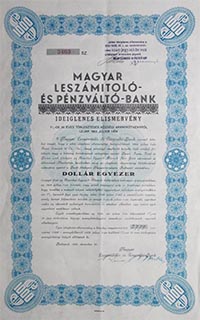Magyar Leszámítoló- és Pénzváltóbank ideiglenes elismervény 1000 usa dollár 1945